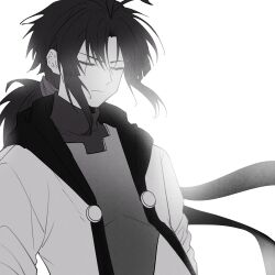 1boy absurdres alternate_universe antenna_hair arms_at_sides backlighting bloom bright_pupils buttons chinese_commentary closed_eyes closed_mouth commentary_request curtained_hair film_grain frisk_(undertale) greyscale hair_tie hanbaobaobaozhu highres hood hood_down hooded_jacket jacket long_hair long_sleeves low_ponytail male_focus monochrome open_clothes open_jacket ponytail scar scar_across_eye scar_on_face serious sidelocks simple_background solo sweater turtleneck turtleneck_sweater u_u undertale upper_body v-shaped_eyebrows white_background wind xtale