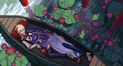 1boy 1girl back back_bow bandaged_hand bandages black_thighhighs blunt_bangs boat bow braid bridal_gauntlets closed_mouth commentary couple english_commentary flower from_above from_side genshin_impact hair_between_eyes hand_on_another&#039;s_shoulder head_tilt hetero highres hug japanese_clothes kaedehara_kazuha kimono leaf light_smile long_braid long_hair low_ponytail lying lying_on_person maple_leaf multicolored_hair on_back on_stomach outdoors pillow pink_lips ponytail purple_hair purple_kimono raiden_shogun red_sash ripples rommoc sash shade short_hair short_sleeves single_braid streaked_hair thighhighs two-tone_hair water watercraft white_hair