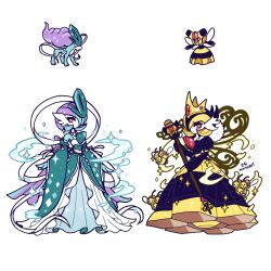 Rule 34 | artist name, colored skin, combee, cosplay, crown, detached sleeves, dress, gardevoir, gen 2 pokemon, gen 3 pokemon, gen 4 pokemon, hair over one eye, highres, holding, holding scepter, insect wings, legendary pokemon, long sleeves, mamobot, nintendo, pink eyes, pokemon, pokemon (creature), purple hair, scepter, simple background, suicune, suicune (cosplay), two-tone dress, vespiquen, white background, white skin, wings