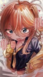 1girl absurdres bandaid black_shirt blonde_hair blue_eyes blush cardigan collared_shirt commentary_request fang full_body hair_between_eyes highres kasukabe_tsumugi large_variant_set long_bangs long_hair long_sleeves looking_at_viewer messy_hair microa miniskirt necktie one_side_up open_cardigan open_clothes open_mouth plaid_clothes plaid_skirt purple_skirt shirt skirt smile solo translation_request variant_set voicevox yellow_cardigan yellow_necktie