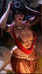 1girl arms_up bikini bikini_top_only black_hair breasts dragon_age english_text hair_between_eyes highres jewelry lips looking_at_viewer luminyu medium_breasts morrigan_(dragon_age) necklace patreon_username short_hair skirt solo speech_bubble swimsuit watermark web_address yellow_eyes