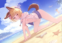 1girl 2girls all_fours animal_ears beach beret blonde_hair blue_sky blush braid breasts day dog_ears dog_tail erune flower granblue_fantasy hair_flower hair_ornament hat hibiscus highres jacket looking_at_viewer multiple_girls navel nipples outdoors palm_tree red_eyes red_flower short_hair sky small_breasts smile tail tree vajra_(granblue_fantasy) vikala_(granblue_fantasy) water white_headwear white_jacket yellowpaint.