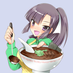 1girl apron bad_food black_hair blush bowl chocolate daikon female_focus food food_focus hair_ribbon kami_nomi_zo_shiru_sekai ladle long_hair non-web_source pointing pointing_at_viewer ponytail purple_eyes radish ribbon seaweed simple_background solo soup spring_onion uemoto_sumire yuto_(dialique)
