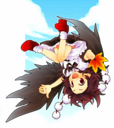 1girl black_ribbon black_skirt brown_hair flying full_body geta hat kiri_futoshi leaf looking_at_viewer maple_leaf open_mouth outdoors petticoat pom_pom_(clothes) red_eyes ribbon shameimaru_aya shirt short_hair skirt solo tengu-geta tokin_hat touhou upside-down white_shirt