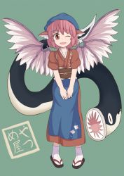 1girl animal_ears apron bandana blue_headscarf eel female_focus fish food_stand green_background headscarf highres japanese_clothes lamprey looking_at_viewer mystia_lorelei nikori okamisty open_mouth pink_hair short_hair simple_background smile solo tasuki touhou wings yatai