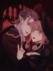 1boy 1girl ace_attorney aqua_eyes black_hair black_nails black_shirt breasts chinese_commentary cleavage cleavage_cutout closed_mouth clothing_cutout commentary_request fangs fangs_out hand_on_another&#039;s_arm hand_on_own_arm highres jacket jewelry kaze_(yznyttdgs) klint_van_zieks lady_baskerville long_sleeves makeup pink_hair pointy_ears red_jacket red_lips ring shirt short_hair sidelocks the_great_ace_attorney