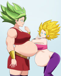 2girls absurdres arbrianarchy bare_shoulders blonde_hair blue_eyes bracer breasts caulifla dragon_ball dragon_ball_super earrings female_focus green_hair height_difference highres jewelry kale_(dragon_ball) large_breasts legendary_super_saiyan messy_hair multiple_girls muscular muscular_female navel pregnant simple_background spiked_hair strapless super_saiyan tall_female thighhighs tube_top v wickedatlas