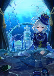 1girl absurdres ahoge ascot asymmetrical_gloves black_gloves blue_ascot blue_brooch blue_eyes blue_gemstone blue_hair blue_hat blue_jacket broken_window building commentary_request crack cracked_glass crossed_arms crying crying_with_eyes_open curtains drop-shaped_pupils eyelash_ornament fish fork full_body furina_(genshin_impact) gem genshin_impact gloves hair_between_eyes hat heterochromia highres indoors jacket knees_up light_rays long_hair long_sleeves looking_at_viewer mismatched_gloves multicolored_hair open_mouth ouji_fashion partially_submerged shoes sitting solo symbol-shaped_pupils tears top_hat user_cxvw2422 very_long_hair water white_gloves white_hair window