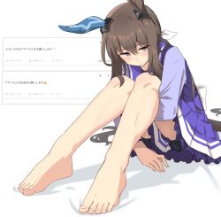 1girl admire_vega_(umamusume) animal_ears barefoot blush brown_hair closed_mouth ear_covers feet fingernails highres horse_ears horse_girl horse_tail kazoku_chicken long_hair odaibako purple_eyes purple_serafuku purple_shirt purple_skirt request_inset school_uniform serafuku shirt single_ear_cover sitting skirt solo tail toenails toes tracen_school_uniform translation_request umamusume white_background