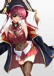 1girl absurdres ascot bare_shoulders bicorne black_jacket black_thighhighs blush breasts cleavage closed_mouth commentary_request cropped_jacket eyepatch feet_out_of_frame grey_background hat highres hololive houshou_marine houshou_marine_(1st_costume) jacket large_breasts leotard leotard_under_clothes long_hair looking_at_viewer navel off_shoulder one_eye_covered pirate_hat pleated_skirt red_ascot red_eyes red_hair red_jacket red_skirt see-through_clothes see-through_cleavage see-through_leotard simple_background skirt sleeveless sleeveless_jacket smile solo standing thighhighs toketa-sekai twintails virtual_youtuber
