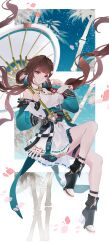 Rule 34 | 1girl, absurdres, bamboo, bare shoulders, boots, breasts, brown hair, dress, earrings, flower, full body, hair flower, hair ornament, hair rings, highres, holding, honkai (series), honkai impact 3rd, jewelry, li sushang, li sushang (peregrine sword), lin yu jin, long sleeves, looking at viewer, low twintails, medium breasts, oil-paper umbrella, petals, red eyes, smile, solo, tassel, tassel earrings, twintails, umbrella, white dress