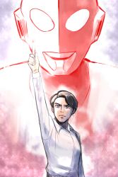 Rule 34 | 2boys, alien, arm up, aura, beta capsule, black eyes, black hair, bright pupils, closed mouth, collared shirt, colored skin, commentary, compound eyes, curtained hair, dress shirt, dual persona, fingernails, furrowed brow, giant, glowing, glowing eyes, henshin, highres, holding, kaminaga shinji, light particles, long sleeves, looking at viewer, looking up, male focus, multiple boys, red aura, red skin, serious, shin ultraman, shirt, short hair, tokusatsu, toned, toned male, tsubasa (godbardtsubasa), ultra series, ultraman, ultraman (shin), upper body, white eyes, white pupils, white shirt