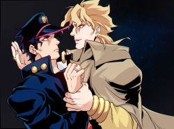 black_hair bracelet cape collared_cape dio_brando hat holding_another&#039;s_wrist jewelry jojo_no_kimyou_na_bouken kuujou_joutarou less_end long_coat manly mullet muscular muscular_male official_style red_eyes ring stardust_crusaders stardust_crusaders_(ova) wedding_band wing_collar yaoi