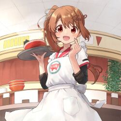 1girl :d apron asukaru_(magika_ru) black_shirt blush bowl brown_hair commentary_request cowboy_shot dated hair_ribbon hands_up highres holding holding_tray indoors long_hair long_sleeves looking_at_viewer magia_record:_mahou_shoujo_madoka_magica_gaiden mahou_shoujo_madoka_magica open_mouth ponytail red_eyes red_sailor_collar ribbon sailor_collar shirt signature sleeves_pushed_up smile solo spoon tray white_apron white_ribbon yui_tsuruno