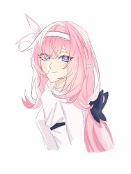 Rule 34 | 1girl, alternate costume, blue eyes, breasts, chinese commentary, commentary request, cropped torso, dai3844152, elf, elysia (honkai impact), from side, hairband, highres, honkai (series), honkai impact 3rd, long hair, looking at viewer, medium breasts, pink hair, pointy ears, shirt, simple background, smile, solo, white background, white hairband, white shirt