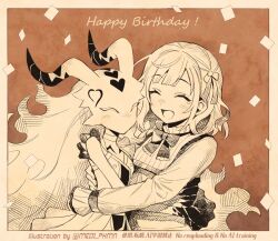 2girls artist_name bow bowtie closed_eyes demon_horns dress efreet_(fate) eleanor_(fate) elemental_(creature) english_text facing_another fate/grand_order fate_(series) fire_elemental frills ginny_(fate) happy_birthday heart horns hug long_hair meiji_ken multiple_girls short_hair sidelocks smile spirit tearing_up