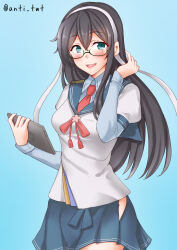 1girl anti_(untea9) aqua_background black_hair blue_sailor_collar blue_shirt blue_skirt clipboard collared_shirt cowboy_shot glasses green_eyes hair_between_eyes hairband highres hip_vent kantai_collection long_hair looking_at_viewer necktie ooyodo_(kancolle) red_necktie sailor_collar sailor_shirt school_uniform semi-rimless_eyewear serafuku shirt skirt solo twitter_username under-rim_eyewear white_hairband white_shirt