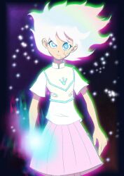 1girl amphibia anne_boonchuy armor aura blue_eyes breastplate chromatic_aberration cracked_skin dark-skinned_female dark_skin glowing glowing_hand highres looking_at_viewer mio_kakelike school_uniform serious skirt solo spoilers symbol-shaped_pupils white_hair