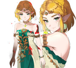 1girl absurdres armpit_crease bare_shoulders blonde_hair bracelet braid breasts closed_mouth collarbone commentary crown_braid dress earrings english_commentary facial_mark green_dress green_eyes highres jewelry looking_at_viewer magatama magatama_necklace medium_breasts multiple_views necklace nintendo ormille parted_bangs pointy_ears princess_zelda secret_stone short_hair sidelocks simple_background smile strapless strapless_dress the_legend_of_zelda the_legend_of_zelda:_tears_of_the_kingdom two-tone_dress white_background white_dress