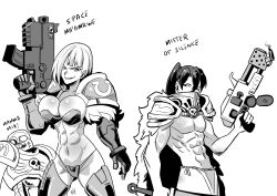 1girl 2boys abs adeptus_astartes armor bolter breasts cape commentary flamer flamethrower gauntlets genderswap genderswap_(ftm) genderswap_(mtf) greyscale gun hashtag-only_commentary holding holding_flamethrower holding_gun holding_weapon kukuruyo large_breasts loincloth looking_at_viewer monochrome multiple_boys muscular muscular_female muscular_male navel pauldrons ponytail short_hair shoulder_armor simple_background skull smirk stomach warhammer_40k weapon