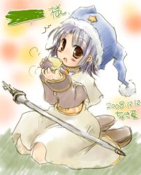 1girl 2000s_(style) ^^^ acolyte_(ragnarok_online) blue_hat blush brown_eyes brown_shirt brown_shoes capelet commentary_request crosier dated eating exp_mochi food full_body fur-trimmed_headwear fur_trim grey_capelet grey_skirt hat hat_ornament long_sleeves looking_at_viewer open_mouth pom_pom_hat_ornament purple_hair ragnarok_online roasted_sweet_potato santa_hat seiza shirt shoes short_hair sitting skirt smile solo staff star_(symbol) star_hat_ornament sweet_potato