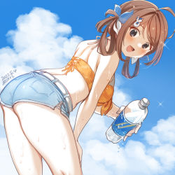 1girl ass bikini blue_sky bottle breasts brown_hair chougei_(kancolle) chougei_(swimsuit)_(kancolle) cloud cowboy_shot cutoffs denim denim_shorts grey_eyes hair_ribbon hair_rings highres kantai_collection kirisawa_juuzou large_breasts leaf_print leaning_forward long_hair official_alternate_costume orange_bikini ribbon shorts sky solo swimsuit water_bottle