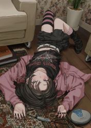 1girl absurdres asymmetrical_legwear belt black_nails black_shirt black_skirt book ear_piercing fingernails gishiki_(gshk) grey_eyes heterochromia highres indoors jacket kneehighs light_blush long_sleeves looking_at_another looking_at_viewer lying midriff miniskirt navel on_back original piercing pink_eyes pink_jacket plant pleated_skirt potted_plant rug shirt short_hair single_kneehigh single_sock single_thighhigh skirt socks solo striped_clothes striped_socks striped_thighhighs thighhighs upside-down white_belt
