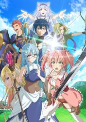 3boys 4girls animal_ear_fluff animal_ears anime_coloring armor arrow_(projectile) bag bare_shoulders belt black_gloves black_hair black_shirt blonde_hair blush boots bow_(weapon) breastplate breasts brown_boots brown_corset brown_shorts cat_ears choker claire_(tsuihou_shiro_madoushi) closed_mouth collarbone collared_shirt corset cross_(tsuihou_shiro_madoushi) daggers_(tsuihou_shiro_madoushi) day dress earrings fingerless_gloves forest frills glasses gloves glowing glowing_hand green_eyes green_jacket grey_hair hair_between_eyes hair_ornament hairband hairpin highres holding holding_arrow holding_staff holding_sword holding_weapon itou_yuuta jacket jewelry key_visual large_breasts leg_up lloyd_(tsuihou_shiro_madoushi) long_hair long_sidelocks long_sleeves looking_at_viewer medium_hair merlin_(tsuihou_shiro_madoushi) mini_bag mountain multiple_boys multiple_girls nature navel official_art open_clothes open_hand open_hands open_jacket open_mouth outdoors outstretched_arms outstretched_hand palms pants pendant pink_eyes pink_hair pink_jacket pouch profile promotional_art puffy_short_sleeves puffy_sleeves purple_eyes reaching reaching_towards_viewer red_hair shield shirt short_hair short_shorts short_sleeves shorts shoulder_armor shoulder_bag sidelocks silica_(tsuihou_shiro_madoushi) skirt sky sleeveless sleeveless_shirt smile spread_fingers staff standing standing_on_one_leg sword tareme thigh_belt thigh_pouch thigh_strap thighhighs thighs town tsurime twintails upper_body v-shaped_eyebrows very_long_hair very_short_hair weapon white_thighhighs wide_sleeves yellow_eyes yui_(tsuihou_shiro_madoushi) yuusha_party_wo_tsuihou_sareta_shiro_madoushi_s-rank_boukensha_ni_hirowareru