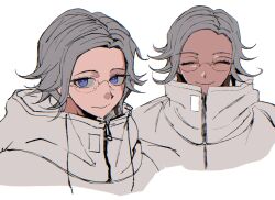 Rule 34 | 1boy, ^ ^, aotsuki eito, closed eyes, commentary, cropped shoulders, english commentary, facing viewer, glasses, grey hair, highres, jacket, looking at viewer, male focus, multiple views, nodplus50pts, portrait, purple eyes, short hair, simple background, smile, the hundred line -last defense academy-, white background, white jacket, zipper