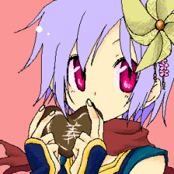Rule 34 | 1girl, ark kan, candy, chocolate, chocolate heart, commentary request, fingernails, food, heart, heart-shaped food, looking at viewer, lowres, ninja (ragnarok online), oekaki, pink background, pinwheel hair ornament, purple hair, ragnarok online, red eyes, red scarf, scarf, short hair, simple background, solo, upper body