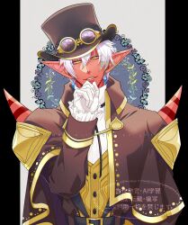 1boy 69ccum belt black_belt black_border blue_gemstone body_markings border bright_pupils brown_capelet brown_hat bug butterfly capelet colored_skin commentary_request dragon_quest dragon_quest_x earrings english_text gem girugaran gloves goggles goggles_on_headwear gold_trim grin hand_on_own_chin hat highres insect jewelry large_ears looking_at_viewer looking_down male_focus official_alternate_costume pointy_ears red_skin shirt short_hair shoulder_spikes slime_(dragon_quest) slit_pupils smile spikes thank_you top_hat upper_body vest watermark white_gloves white_hair white_pupils white_shirt yellow_eyes yellow_vest