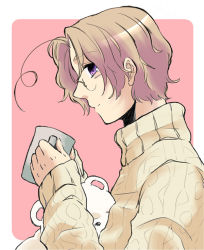 1boy axis_powers_hetalia az0212 bad_id bad_pixiv_id bear blonde_hair canada_(hetalia) cup glasses male_focus mug polar_bear purple_eyes solo sweater