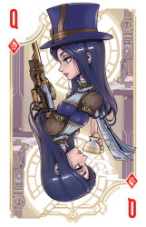 1girl black_hair blue_eyes breasts brown_gloves caitlyn_(league_of_legends) cup from_side gloves gun hat holding holding_cup holding_gun holding_newspaper holding_weapon large_breasts league_of_legends long_hair long_sleeves multiple_views newspaper phantom_ix_row purple_shirt queen_(playing_card) rifle shirt sniper_rifle top_hat weapon
