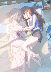 2girls :d bare_arms bare_legs bare_shoulders barefoot bed bedroom black_ribbon black_shorts blonde_hair blue_eyes blue_tank_top blush brown_eyes brown_hair collar day dress frilled_collar frilled_dress frills from_above full_body hand_up happy head_on_pillow highres holding_hands indoors kani_biimu leg_between_thighs long_dress long_hair looking_at_another lying medium_hair midriff multiple_girls navel on_bed on_side open_mouth original pillow pink_dress ribbon second-party_source short_shorts shorts sleeveless smile straight_hair tank_top unworn_footwear yuri