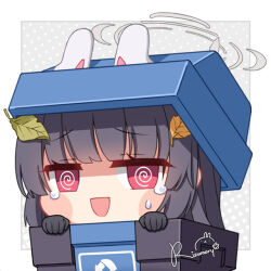 1girl @_@ animal_ears arrow_(symbol) artist_name black_gloves blue_archive blunt_bangs blush_stickers chibi commentary english_commentary fpsmoe gloves grey_background grey_halo halo in_container in_trash_can leaf leaf_on_head long_hair looking_at_viewer miyu_(blue_archive) no_nose open_mouth pink_eyes polka_dot polka_dot_background rabbit_ears raised_inner_eyebrows recycle_bin recycling_symbol smile solo sweatdrop tearing_up trash_can