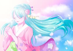 1girl aqua_hair closed_mouth commentary_request floating_hair green_sash hair_bun hair_ornament half_updo hi_ina highres japanese_clothes kimono kouzuki_hiyori long_hair one_piece own_hands_together pink_kimono sash smile solo upper_body wide_sleeves