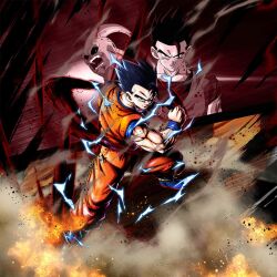2boys black_eyes black_hair dragon_ball dragon_ball_legends fighting_stance lightning majin_buu multiple_boys muscular muscular_male official_art serious son_gohan ultimate_gohan