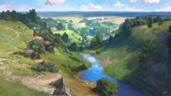 1girl absurdres armor bush cape cliff cloud day field forest from_behind from_side grass highres hill landscape nature original painterly red_cape refiend river rock scenery signature sky standing tree valley white_hair windmill