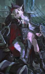 1girl absurdres alariess animal_ears arknights black_boots black_hat black_jacket black_skirt boots chinese_commentary closed_mouth coin commentary_request cup drinking_glass full_body gold_coin hair_between_eyes hair_ornament hairclip hat high-waist_skirt highres holding holding_cup jacket knee_boots lappland_(arknights) lappland_the_decadenza_(arknights) long_hair necktie open_clothes open_jacket originium_(arknights) outdoors pirate_hat pirate_ship red_necktie shirt sitting skirt slit_pupils smile solo tail thigh_strap very_long_hair wheel white_eyes white_hair white_shirt wine_glass wolf_ears wolf_girl wolf_tail