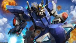 absurdres battle beam_rifle cloud cloudy_sky company_name copyright_notice energy_gun explosion f90ii_gundam flying gundam gundam_battle_operation_2 gundam_f90 highres looking_at_viewer machinery mecha mecha_focus mobile_suit no_humans official_art painting_(medium) realistic robot scan science_fiction sky solo sunrise_(company) tenjin_hidetaka thrusters traditional_media v-fin weapon yellow_eyes