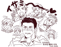 1girl 2boys :&lt; :d ao_isami biting_own_lip couple english_text engrish_text facial_hair flexing greyscale heart heart_hands lewis_smith lulu_(bang_bravern) male_focus monochrome multiple_boys multiple_views open_mouth ranguage rubbing_nose shy sideburns_stubble smile solo_focus stubble thick_eyebrows torirakugaki trembling v yaoi yuuki_bakuhatsu_bang_bravern