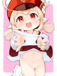 1girl absurdres bar_censor blonde_hair bottomless censored cleft_of_venus dress hat highres holding holding_panties holding_underwear holding_unworn_clothes klee_(genshin_impact) loli medium_hair momoroco222 navel newsboy_cap open_mouth panties peaked_cap pink_background pointy_ears presenting_removed_panties pussy red_dress red_eyes red_hat solo teeth twintails underwear upper_teeth_only white_panties