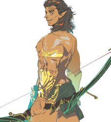1boy armlet ass_peek bacchus_lpiii baldur&#039;s_gate baldur&#039;s_gate_3 bara bow_(weapon) brown_hair chest_hair dark-skinned_male dark_skin dungeons_&amp;_dragons elf feet_out_of_frame from_behind gold halsin holding holding_bow_(weapon) holding_weapon jewelry looking_at_viewer looking_back male_focus mature_male medium_hair muscular muscular_male nipples pectorals pointy_ears revealing_clothes sanpaku smile solo thick_eyebrows tribal weapon