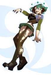 1girl abstract_background black_choker black_hair black_nails black_shirt blue_shirt bracelet breasts brown_pantyhose brown_shoes choker earrings full_body goth_fashion green_hair green_lips green_shirt green_skirt gwen_(total_drama) highres jewelry krezniverse large_breasts looking_at_viewer microskirt multicolored_hair multicolored_shirt pantyhose ring shirt shoes short_hair skirt solo sparkle torn_clothes torn_pantyhose torn_shirt total_drama two-tone_hair wedge_heels