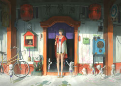 1girl 6+boys absurdres bare_legs bell bicycle blush bonsai bottle building cape cat closed_mouth drinking english_text entrance expressionless full_body goblin hand_up highres holding holding_bottle horns lantern mailbox_(incoming_mail) mini_person miniboy morning multiple_boys neck_bell original outdoors paper_lantern pelvic_curtain red_cape shade shadow shirt sidelocks socks solo standing statue storefront white_hair white_shirt white_socks witch wooden_wall zeenchin