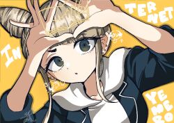 1girl :o commentary_request cone_hair_bun doodle_inset double_bun fukurai_azami hair_bun hands_up highres hood hood_down hoodie internet_yamero_(meme) jasmine_(toshi_densetsu_kaitai_center) jumpsuit limited_palette long_hair looking_at_viewer meguriya_ayumu meme short_hair signature solo toshi_densetsu_kaitai_center triangle_hands upper_body yamada_fgm yellow_background yellow_eyes
