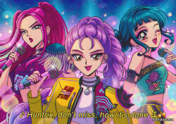 Rule 34 | 1990s (style), 3girls, ;d, artist name, black hair, braid, brown eyes, crop top, double bun, earrings, hair bun, hanavbara, jacket, jewelry, kpop demon hunters, lipstick, makeup, microphone, mira (kpop demon hunters), multiple girls, one eye closed, open mouth, pink hair, purple hair, retro artstyle, rumi (kpop demon hunters), single braid, smile, subtitled, twintails, two side up, zoey (kpop demon hunters)