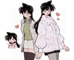 1girl apron ba_ko black_shorts brown_hair brown_thighhighs chibi chibi_inset closed_mouth coat cowboy_shot frilled_apron frills furrowed_brow green_sweater grey_jacket hair_between_eyes highres jacket light_blush long_hair meitantei_conan mouri_ran multiple_views open_mouth pink_apron polka_dot polka_dot_background shorts skirt smile spiked_hair sweater thighhighs turtleneck turtleneck_sweater white_coat white_skirt