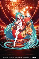 Rule 34 | 1girl, :d, absurdly long hair, aerial fireworks, ahoge, aqua hair, artist name, bad source, black gloves, breasts, character name, chinese clothes, chinese new year, commentary, company name, copyright name, copyright notice, dress, english commentary, fang, fireworks, full body, gloves, good fortune symbol, green eyes, half gloves, hatsune miku, head tilt, highres, holding, holding lantern, knee up, kneehighs, lantern, layered skirt, lengchan (fu626878068), long hair, long sleeves, looking at viewer, medium breasts, night, official art, open mouth, oversized object, paper lantern, pleated skirt, red shoes, red skirt, shoes, sitting, skirt, smile, socks, solo, twintails, very long hair, vocaloid, watermark, web address, white dress, white socks, wide sleeves
