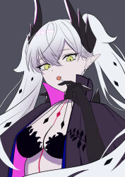 Rule 34 | 1girl, absurdres, black gloves, black jacket, breasts, candy, elbow gloves, fate/grand order, fate (series), food, gloves, grey background, hand up, highres, holding, holding candy, holding food, holding lollipop, horns, ilu, jacket, lollipop, long hair, looking at viewer, ordeal call servant (female), pointy ears, solo, twintails, white hair, yellow eyes